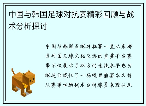 中国与韩国足球对抗赛精彩回顾与战术分析探讨