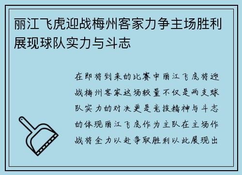 丽江飞虎迎战梅州客家力争主场胜利展现球队实力与斗志